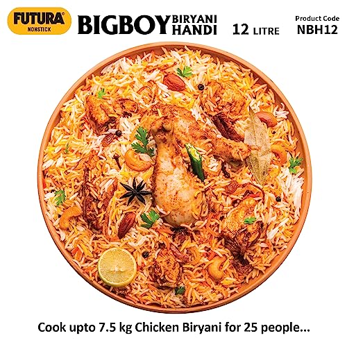 Hawkins Futura 12 Litre BigBoy Biryani Handi, Non Stick Pot with Hard Anodised Lid, Sauce Pan for Cooking and Serving Biriyani, Black (NBH12) Aluminium