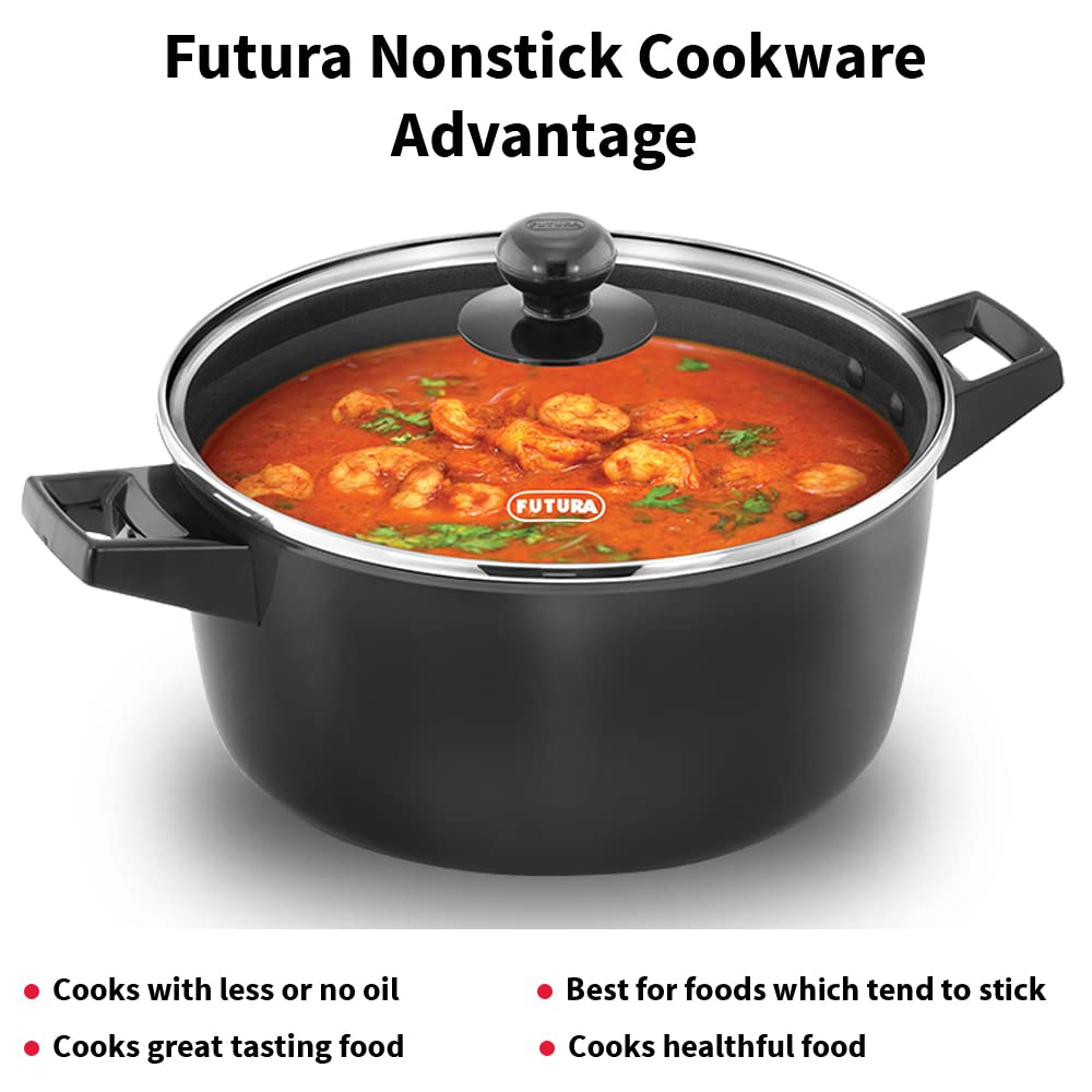 Hawkins Futura 4 Litre Cook N Serve Bowl, Non Stick Saucepan with Glass Lid, Sauce Pan for Cooking and Serving, Black (Ncb40G), 4 Liter