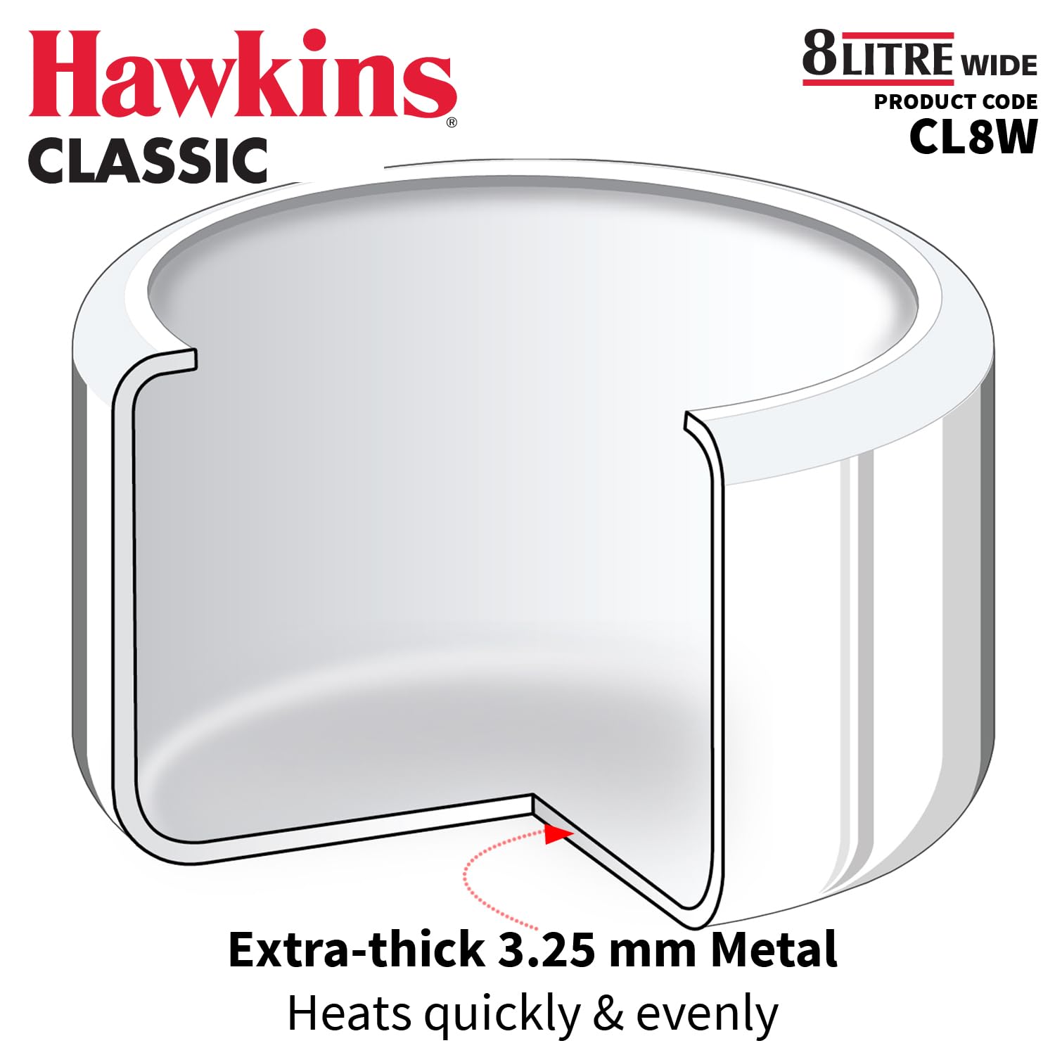 Hawkins Classic 8 Litre Aluminium Inner Lid Pressure Cooker, Wide Design Pan Cooker, Big Cooker, Silver (CL8W)