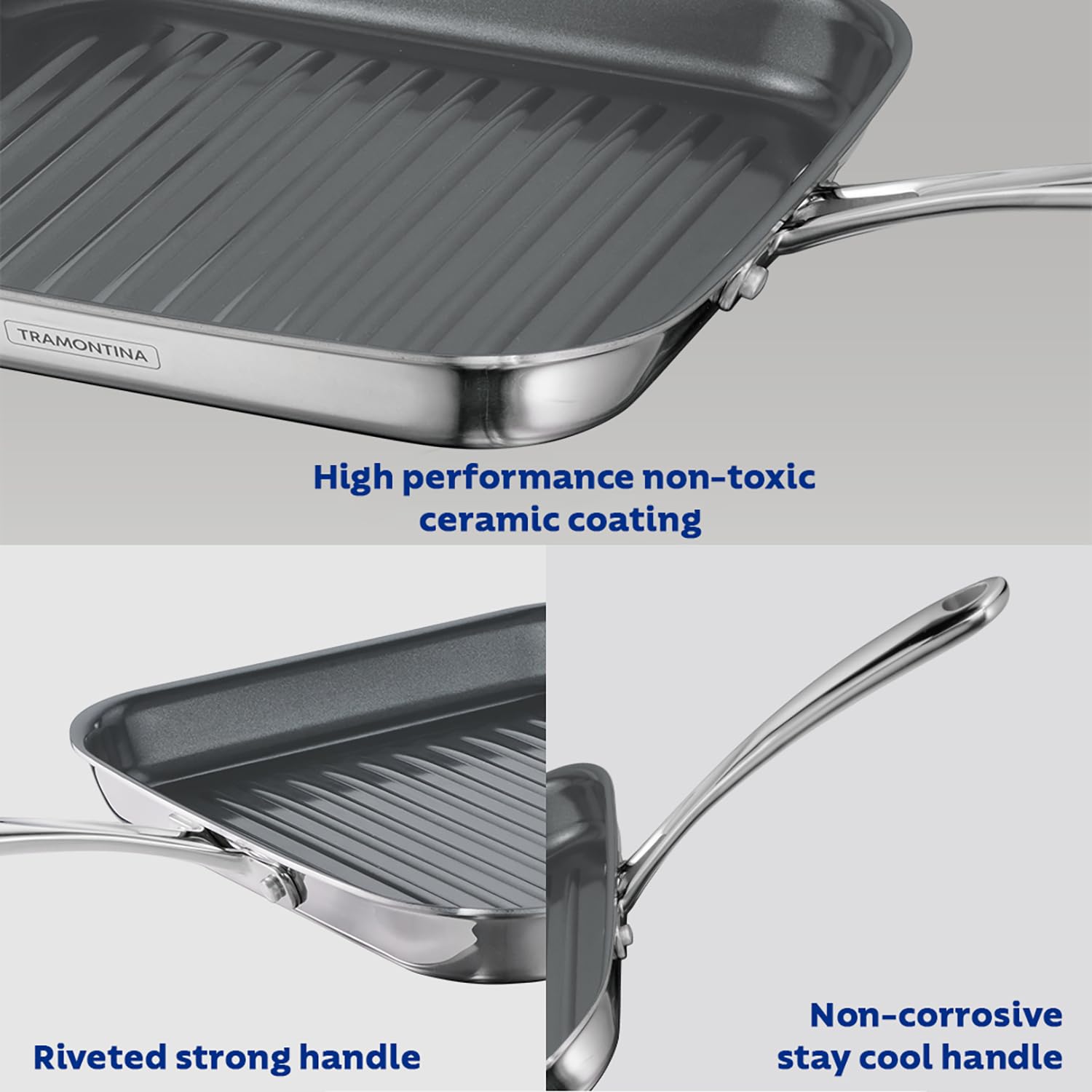 TRAMONTINA Fusao 26 cm TriPly Stainless Steel Ceramic Grill Pan, Non-Toxic, Induction Ready, High Durability, Fast & Even Heating, No PTFE/PFOA, Eco-Friendly, Rust Proof, 10 Year Warranty*