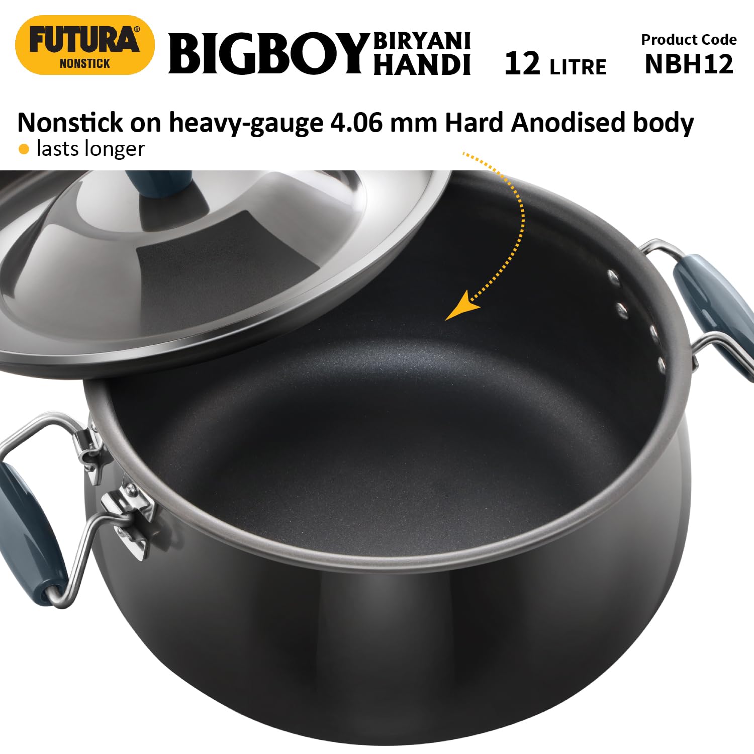 Hawkins Futura 12 Litre BigBoy Biryani Handi, Non Stick Pot with Hard Anodised Lid, Sauce Pan for Cooking and Serving Biriyani, Black (NBH12) Aluminium