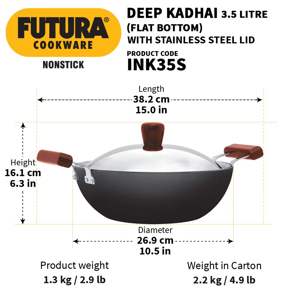 Hawkins Futura 3.5 Litre Deep Kadhai, Non Stick Kadai with Stainless Steel Lid, Flat Bottom Induction Kadhai, Black (INK35S)