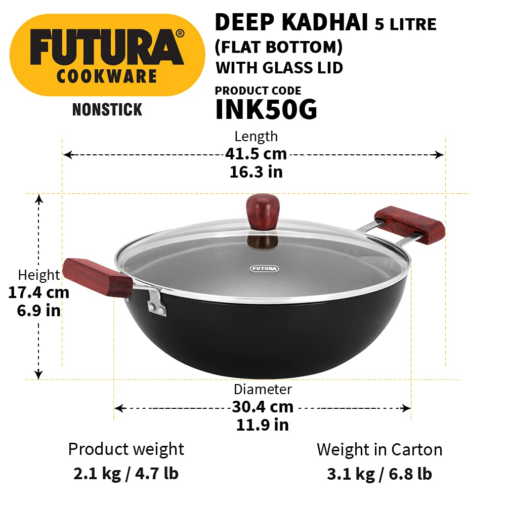 Hawkins Futura 5 Litre Deep Kadhai, Non Stick Kadai with Glass Lid, Flat Bottom Induction Kadhai, Black (INK50G)