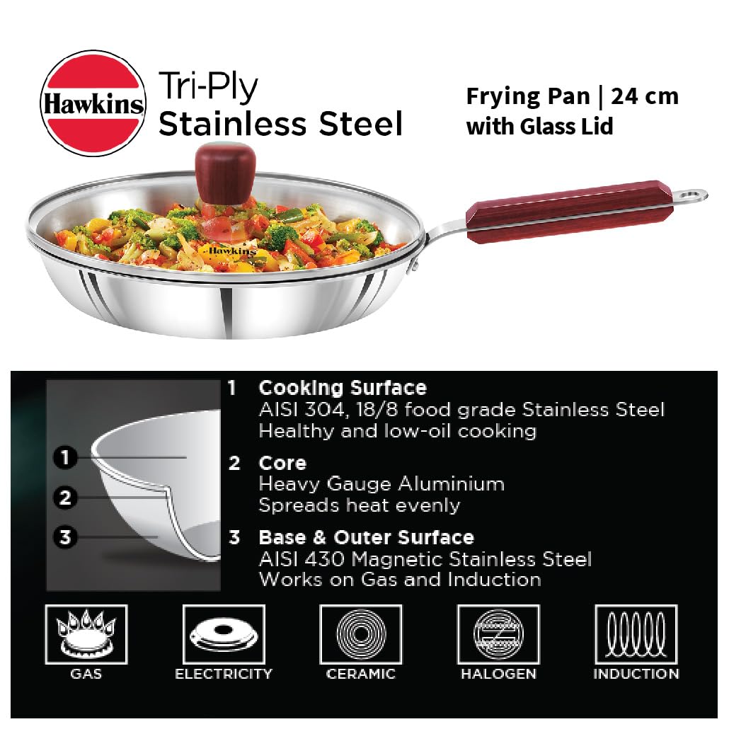 Hawkins 24 cm Frying Pan, Triply Stainless Steel Fry Pan with Glass Lid, Induction Frying Pan, Frypan, Silver (SSF24G)