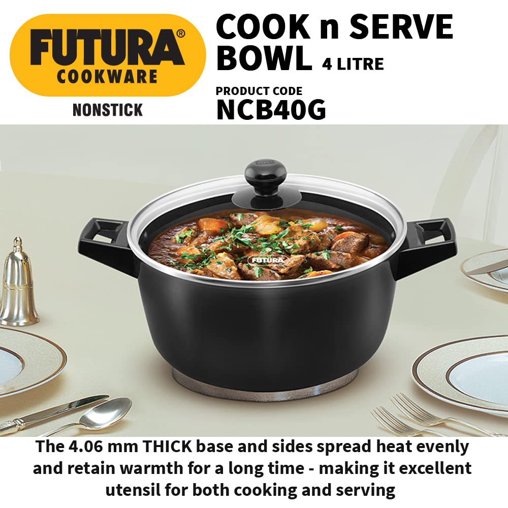 Hawkins Futura 4 Litre Cook N Serve Bowl, Non Stick Saucepan with Glass Lid, Sauce Pan for Cooking and Serving, Black (Ncb40G), 4 Liter