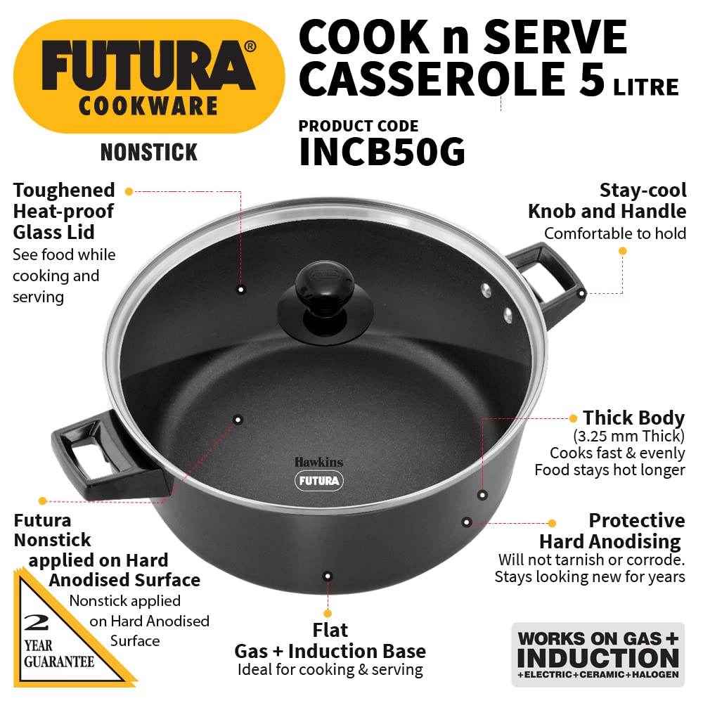 Hawkins Futura 5 Litre Cook n Serve Casserole, Non Stick Saucepan with Glass Lid, Induction Sauce Pan for Cooking and Serving, Black (INCB50G)