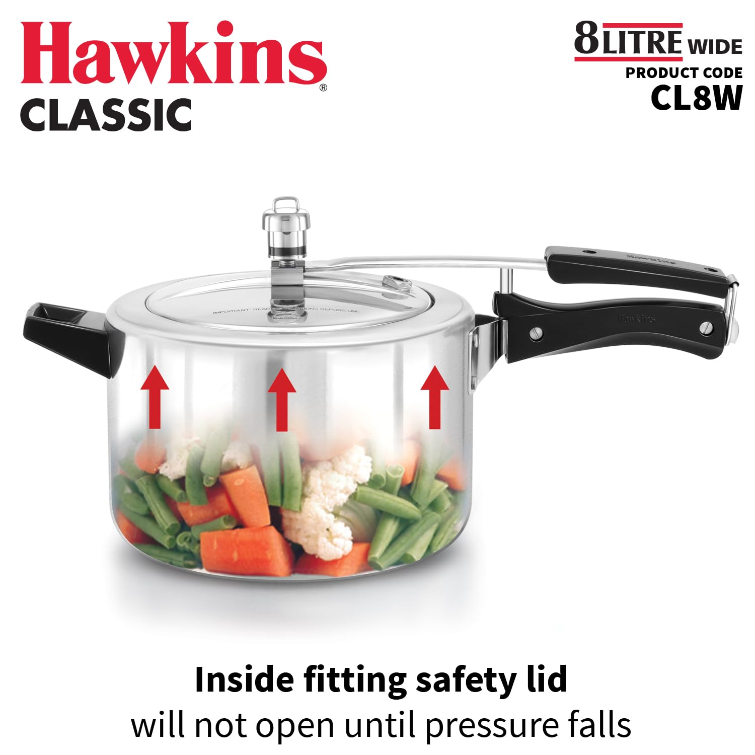 Hawkins Classic 8 Litre Aluminium Inner Lid Pressure Cooker, Wide Design Pan Cooker, Big Cooker, Silver (CL8W)