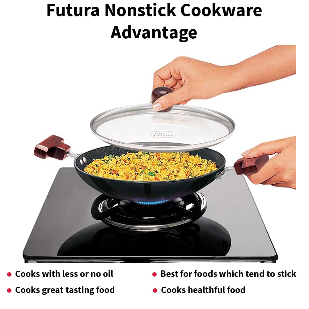 FUTURA Hawkins 0.9 Litre Breakfast Pan with Glass Lid, Nonstick Cookware, Appachatty, Chetty Pan, Appam Patra, Round Bottom Kadai, Black (NBFP09G) - 217 mm