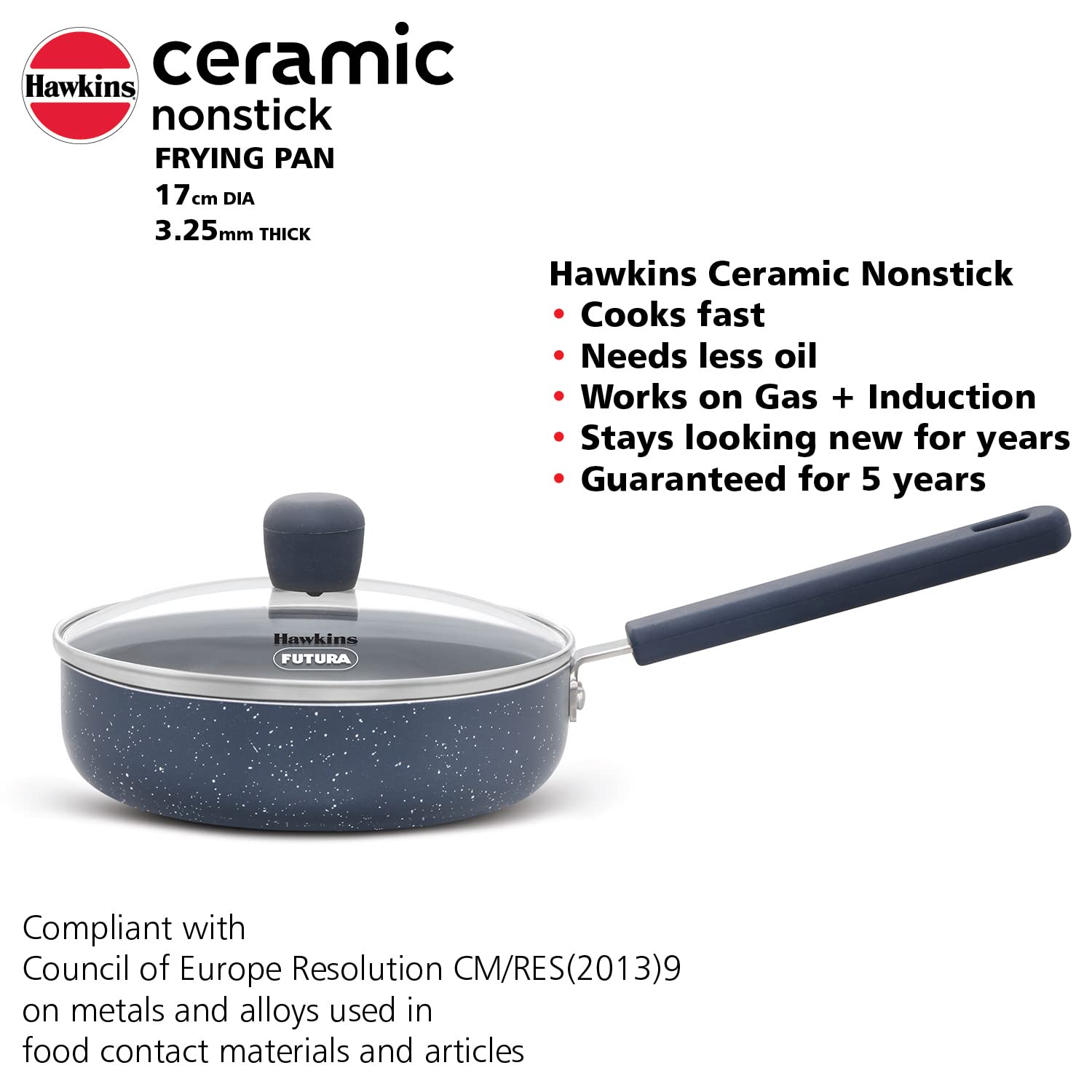 Hawkins Ceramic Nonstick Frying Pan, 17 cm Diameter, Induction Fry Pan with Glass Lid, Granite Omlette Egg Pan, Fish Pan (ICF17G)