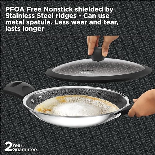 Hawkins 1.25L Breakfast Pan, Nonstick Triply Stainless Steel Appachatty with Glass Lid, Chetty Pan, Appam Patra, Honeycomb Round Bottom Small Kadai, Siler (NSA125G)