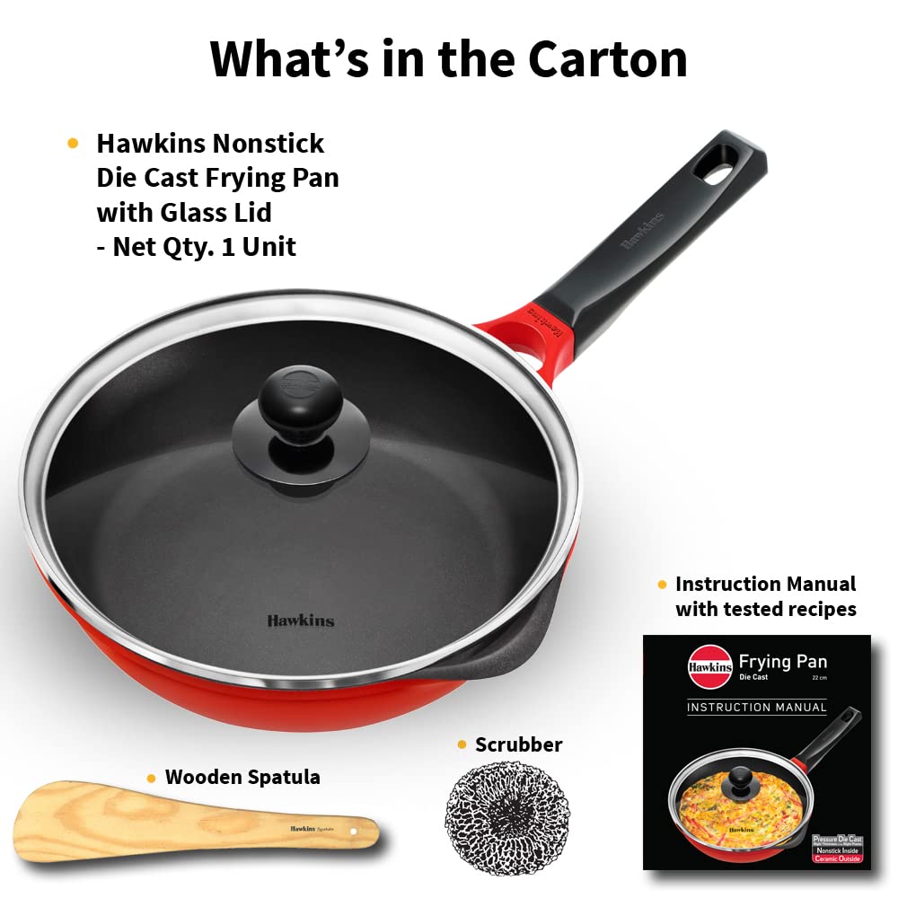 Hawkins 24 cm Frying Pan, Die Cast Non Stick Fry Pan with Glass Lid, Ceramic Coated Pan, Induction Frying Pan, Red (IDCF24G)