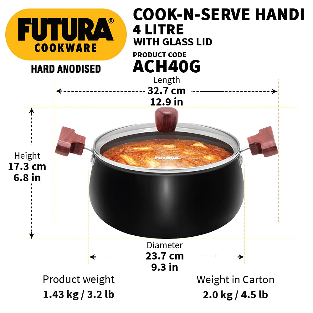 Hawkins Futura 4 Litre Cook n Serve Handi, Hard Anodised Biryani Handi with Glass Lid, Saucepan, Sauce Pan, Black (ACH40G)