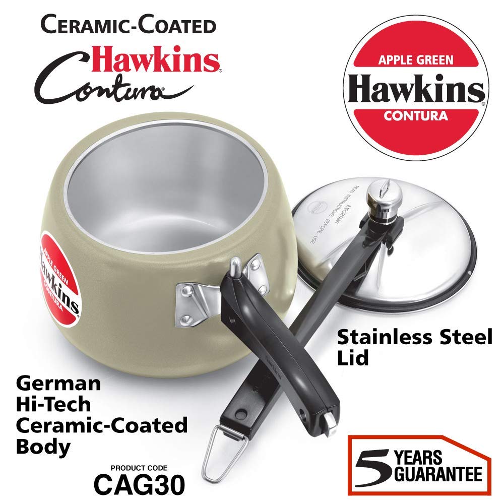 Hawkins 3 Litre Contura Pressure Cooker, Ceramic Coated Handi Inner Lid Cooker, Apple Green (CAG30)