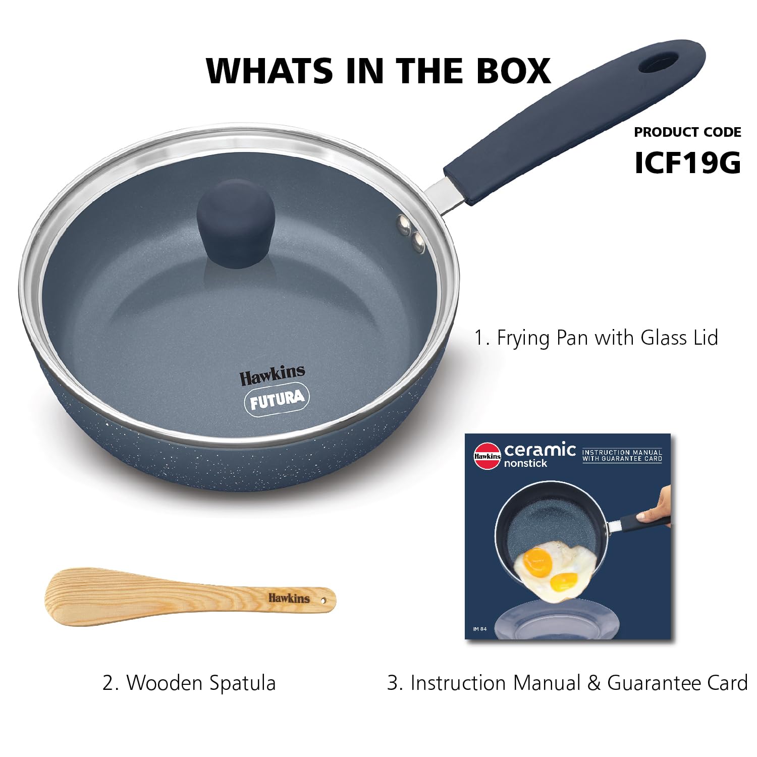Hawkins Ceramic Nonstick Frying Pan, 19 cm Diameter, Induction Fry Pan with Glass Lid, Granite Omlette Egg Pan (ICF19G)