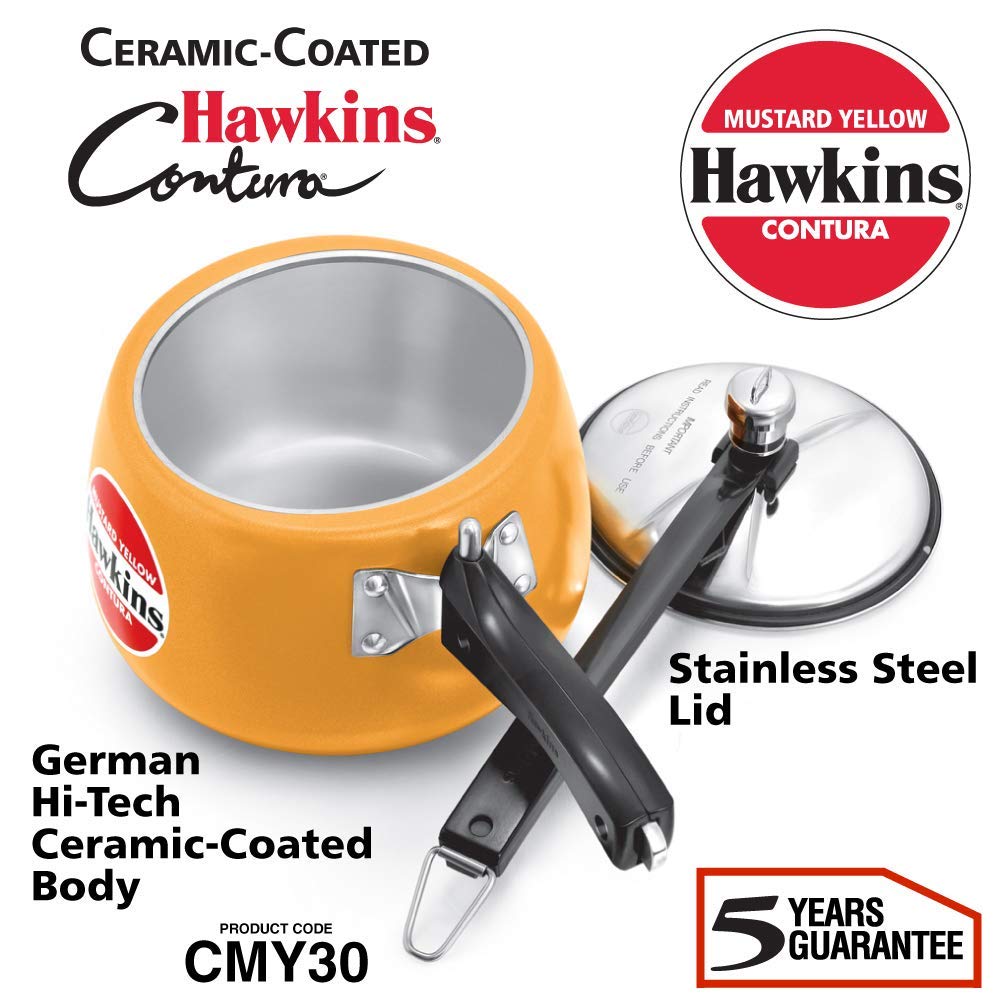 Hawkins 3 Litre Contura Pressure Cooker, Ceramic Coated Handi Inner Lid Cooker, Mustard Yellow (CMY30)