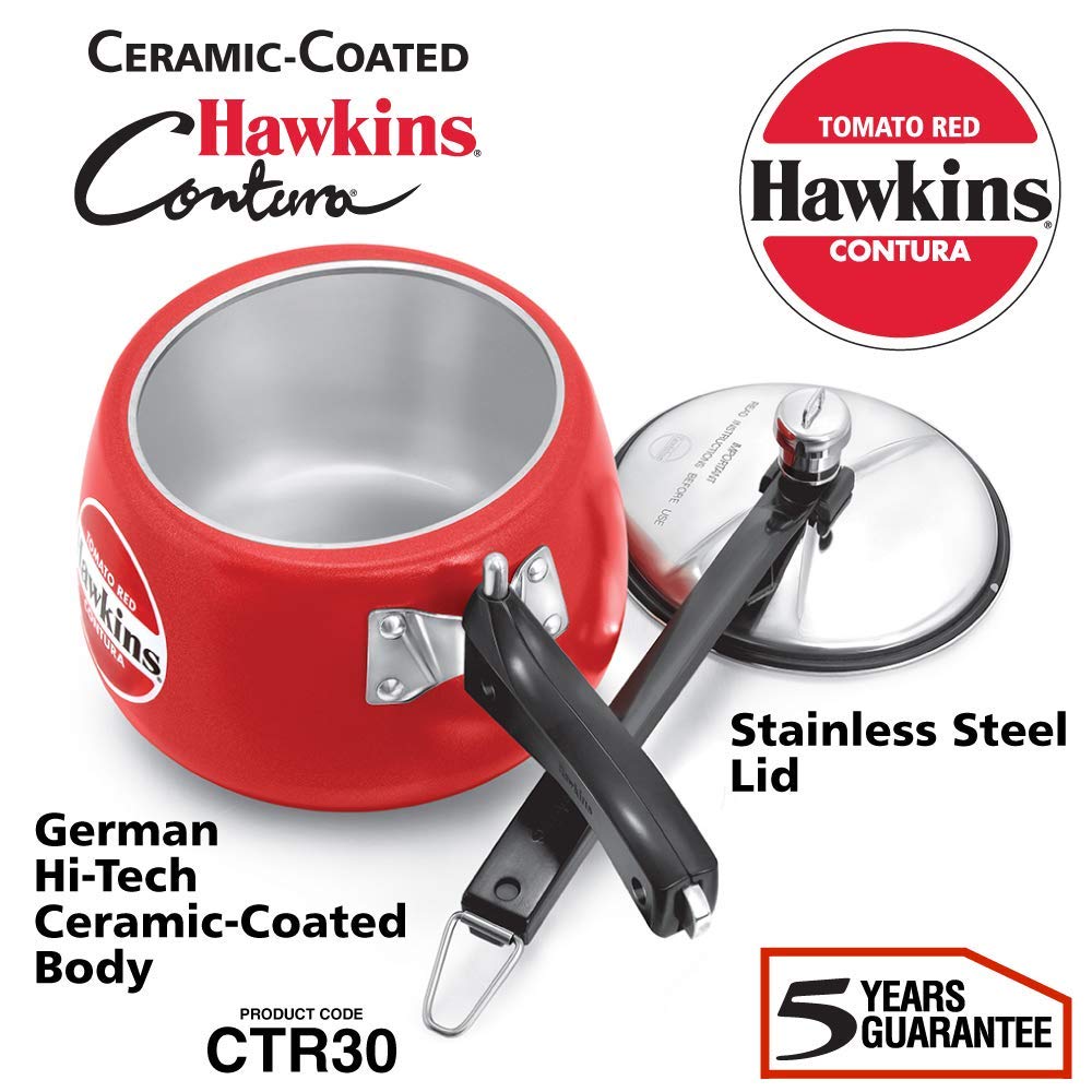 Hawkins 3 Litre Contura Pressure Cooker, Ceramic Coated Handi Inner Lid Cooker, Tomato Red (CTR30)