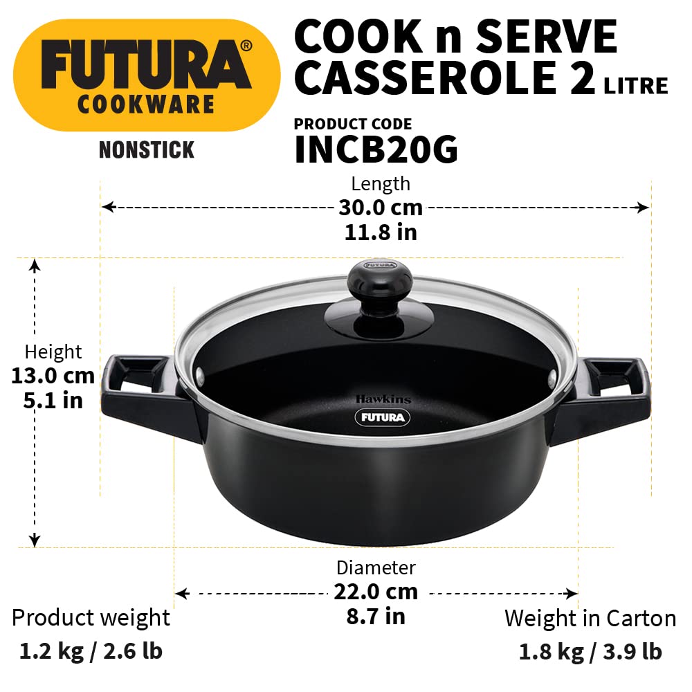 Hawkins Futura 2 Litre Cook N Serve Casserole, Non Stick Saucepan with Glass Lid, Induction Sauce Pan for Cooking and Serving, Black (Incb20G), 2 Liter