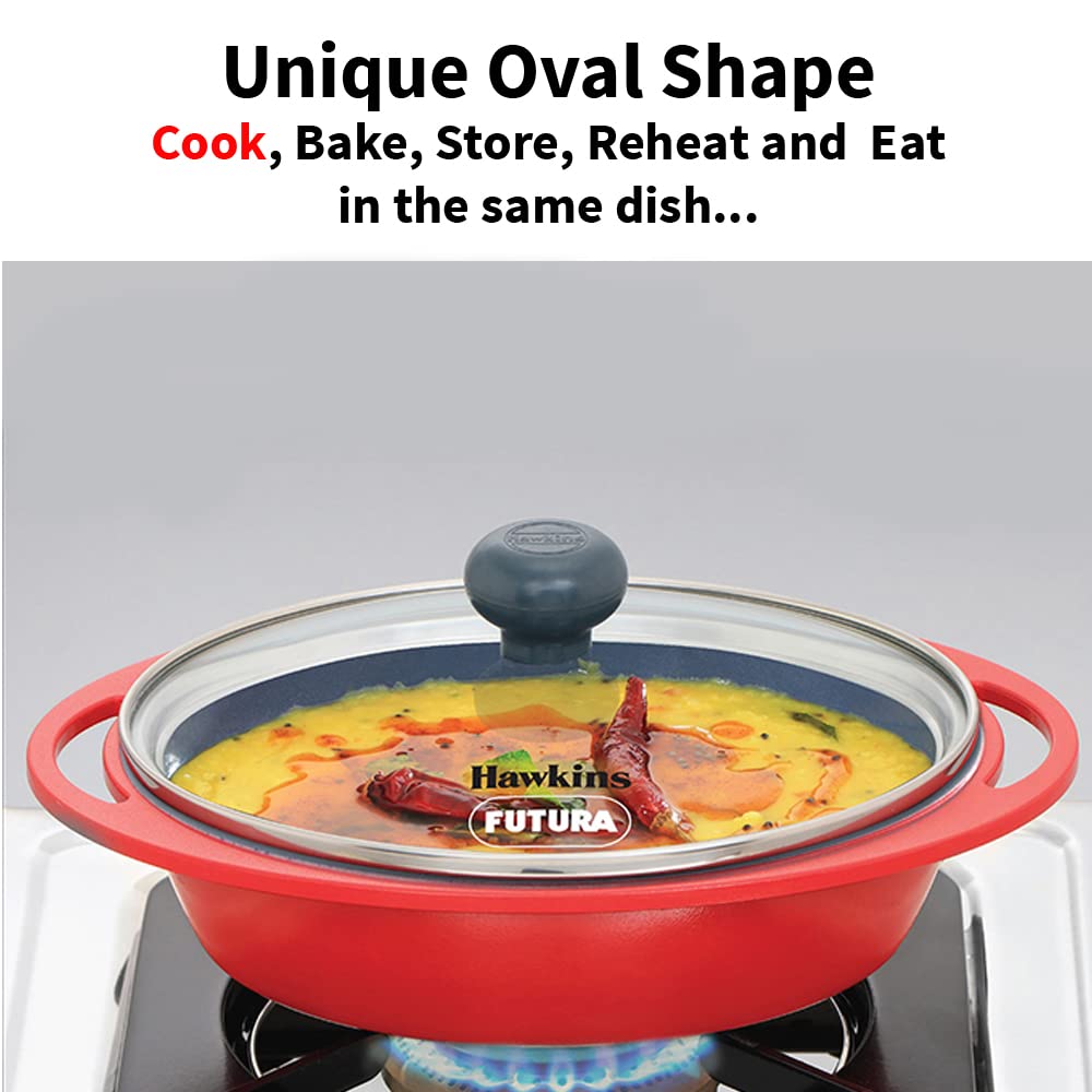 Hawkins 0.75 Litre Mini Casserole with Glass Lid, Oval Shaped Die-Cast pan for Cooking, Reheating, Serving and Storing, Red (DCR75G)