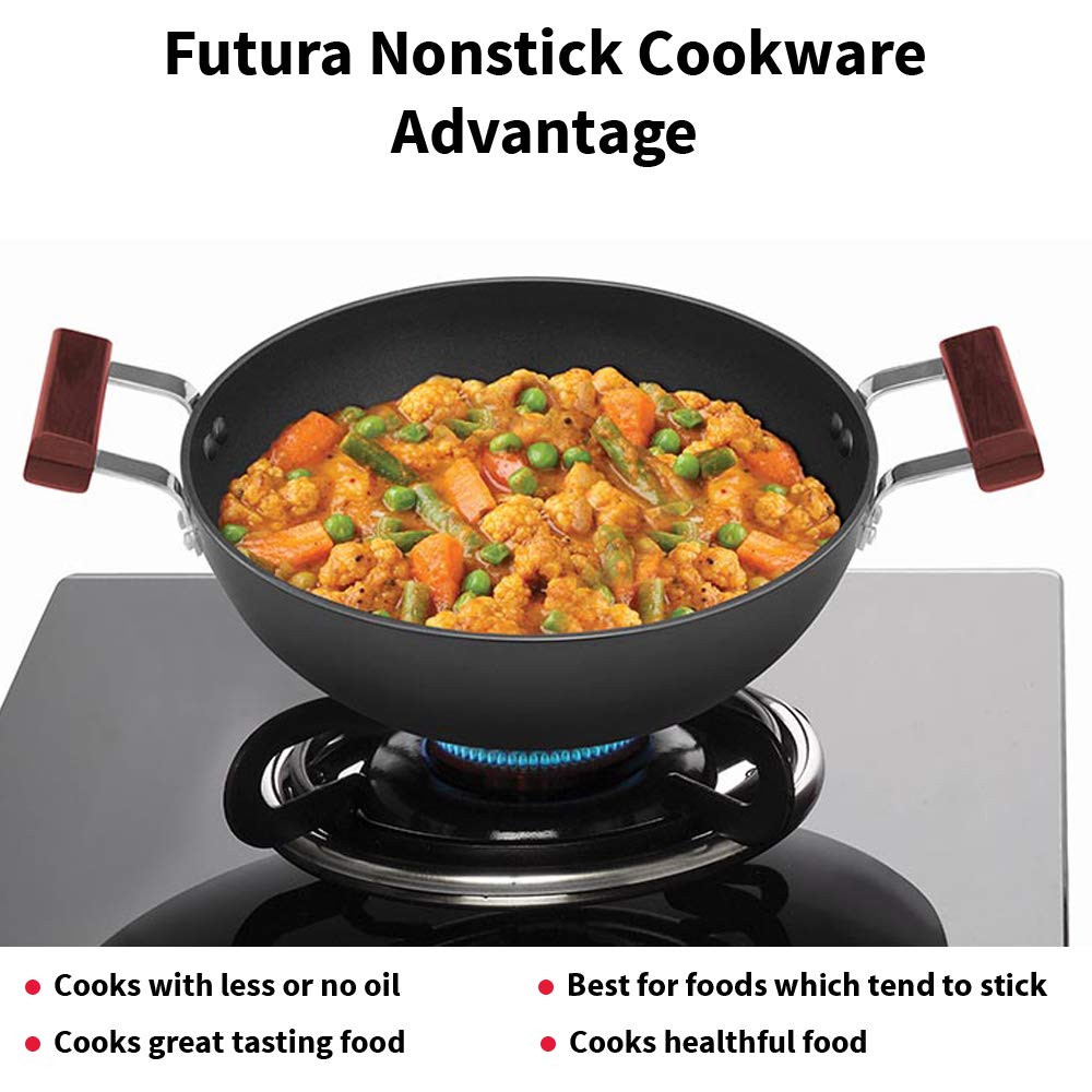 Hawkins Futura 3.5 Litre Deep Kadhai, Non Stick Kadai with Stainless Steel Lid, Flat Bottom Induction Kadhai, Black (INK35S)