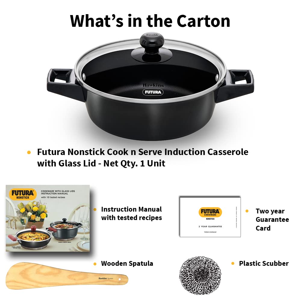 Hawkins Futura 2 Litre Cook N Serve Casserole, Non Stick Saucepan with Glass Lid, Induction Sauce Pan for Cooking and Serving, Black (Incb20G), 2 Liter