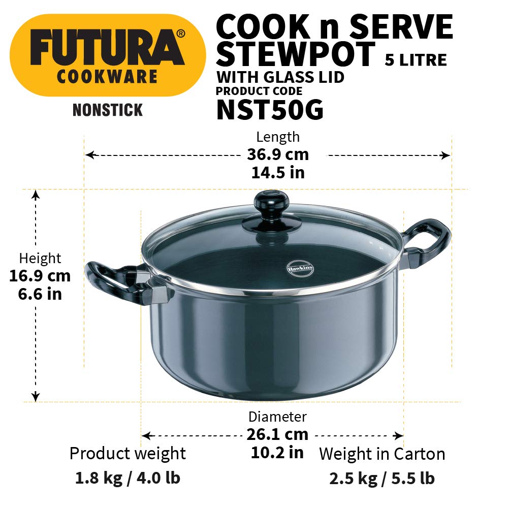 Hawkins Futura 5 Litre Cook N Serve Stewpot, Non Stick Pot with Glass Lid, Cooking Pot with Lid, Black (Nst50G), 5 Liter