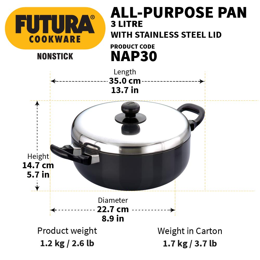 Hawkins Aluminium,Stainless Steel Futura Nonstick All-Purpose Pan 3Liter,22 Cm,3.25 Mm With Ss Lid(Black)