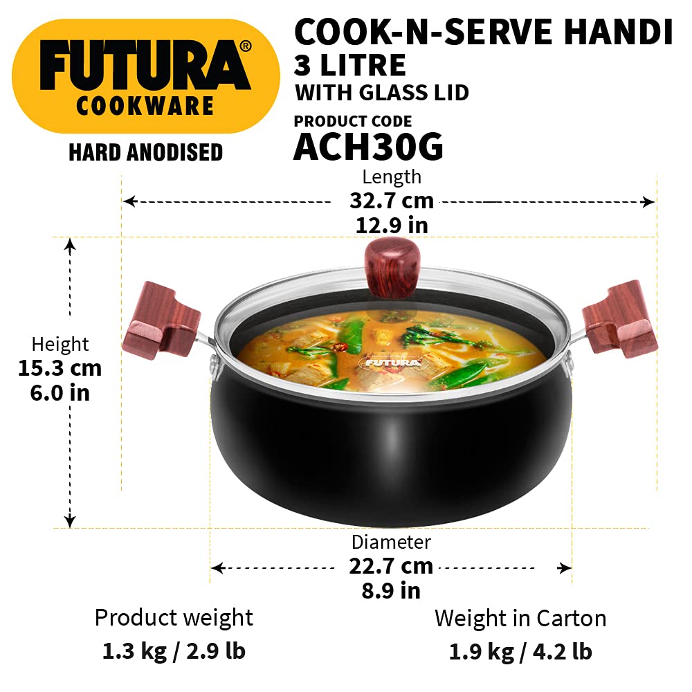 Hawkins Futura 3 Litre Cook N Serve Handi, Hard Anodised Biryani Handi with Glass Lid Non-Stick Saucepan, Sauce Pan, Black (Ach30G)