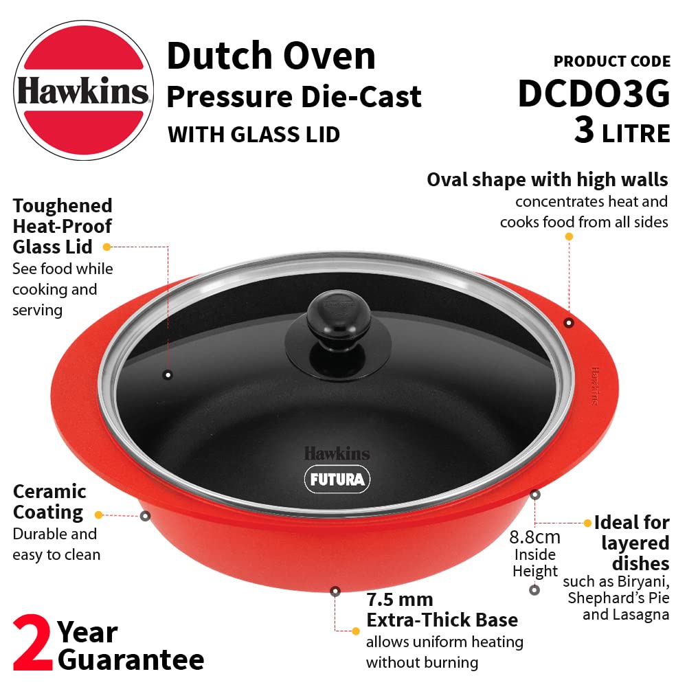 Hawkins 3 Litre Dutch Oven, Nonstick Biryani Pot, Red Ceramic Coated Casserole, Cooking Pot, Saute Pan, Red (DCDO3G)