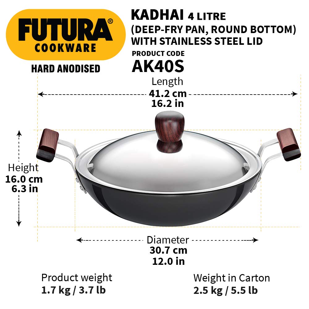 Hawkins Futura 4 Litre Deep Fry Pan, Hard Anodised Kadai with Stainless Steel Lid, Round Bottom Kadhai, Big Kadai, Black (AK40S)