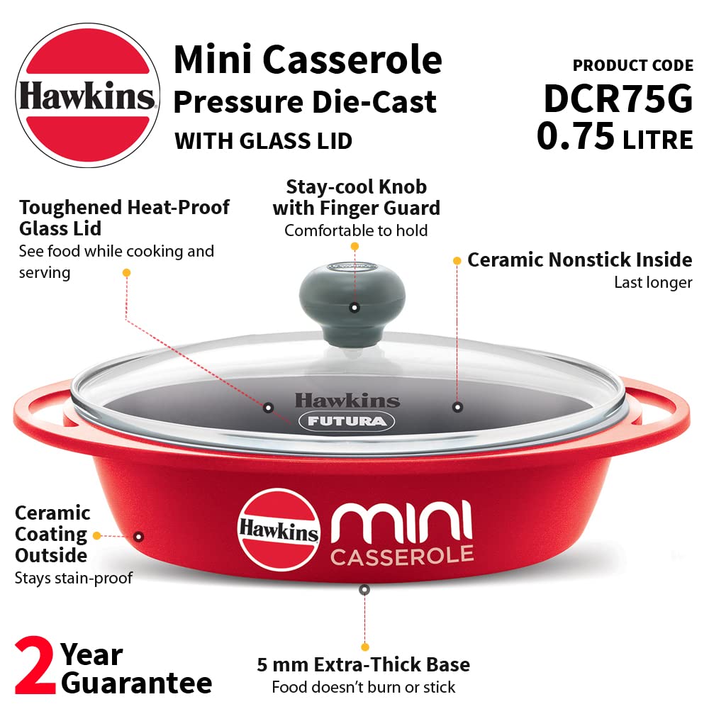 Hawkins 0.75 Litre Mini Casserole with Glass Lid, Oval Shaped Die-Cast pan for Cooking, Reheating, Serving and Storing, Red (DCR75G)