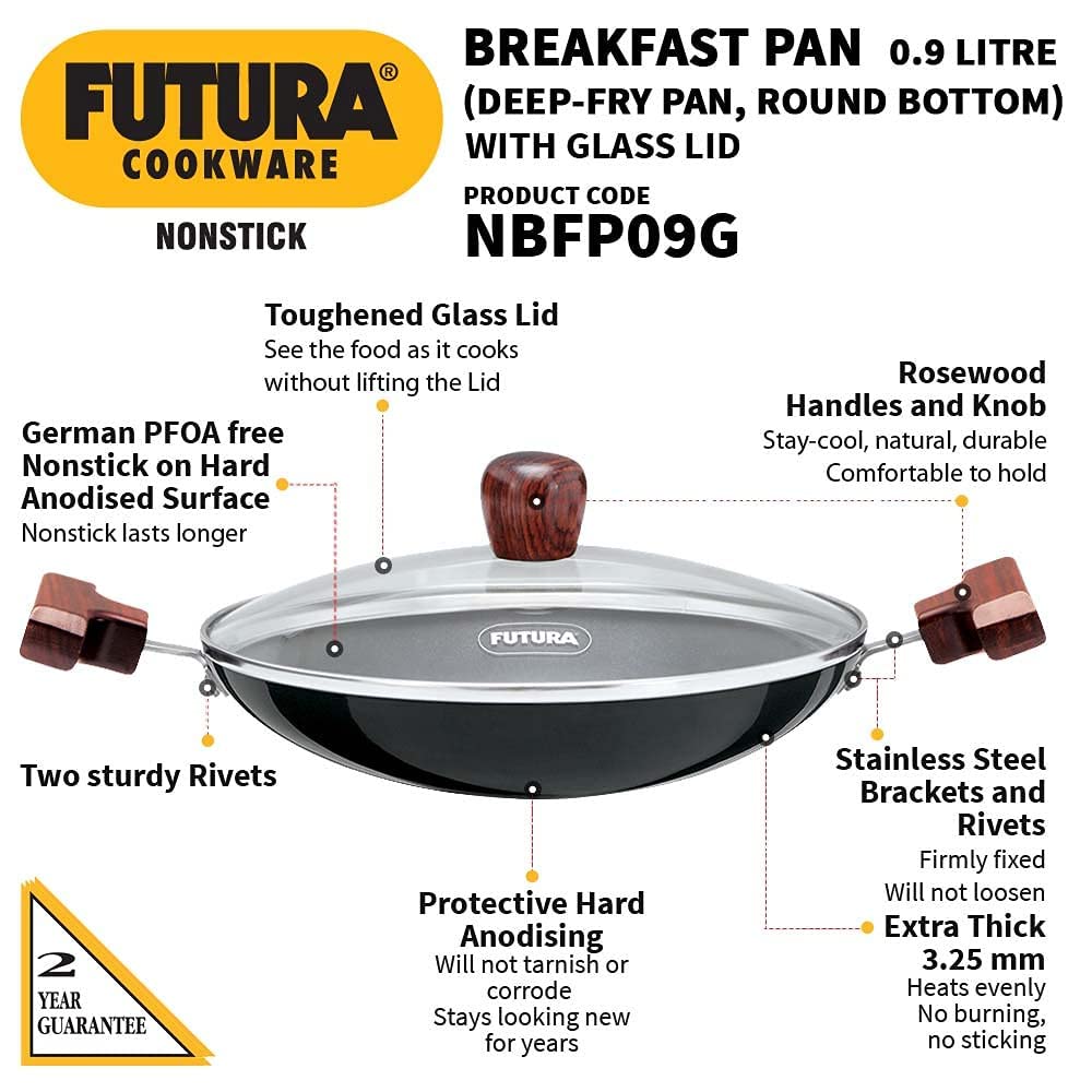 FUTURA Hawkins 0.9 Litre Breakfast Pan with Glass Lid, Nonstick Cookware, Appachatty, Chetty Pan, Appam Patra, Round Bottom Kadai, Black (NBFP09G) - 217 mm