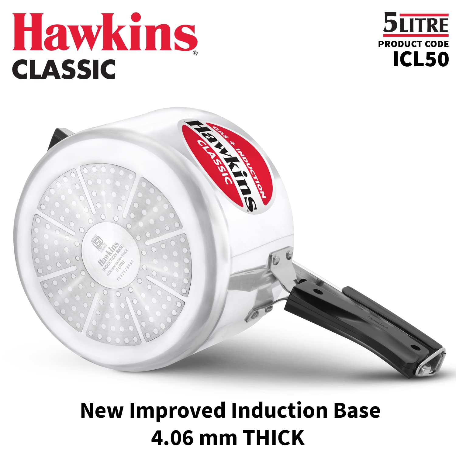 Hawkins Aluminium 5 Litre Classic Pressure Cooker, Induction Inner Lid Cooker, Pan Cooker, Best Cooker, Silver (Icl50)