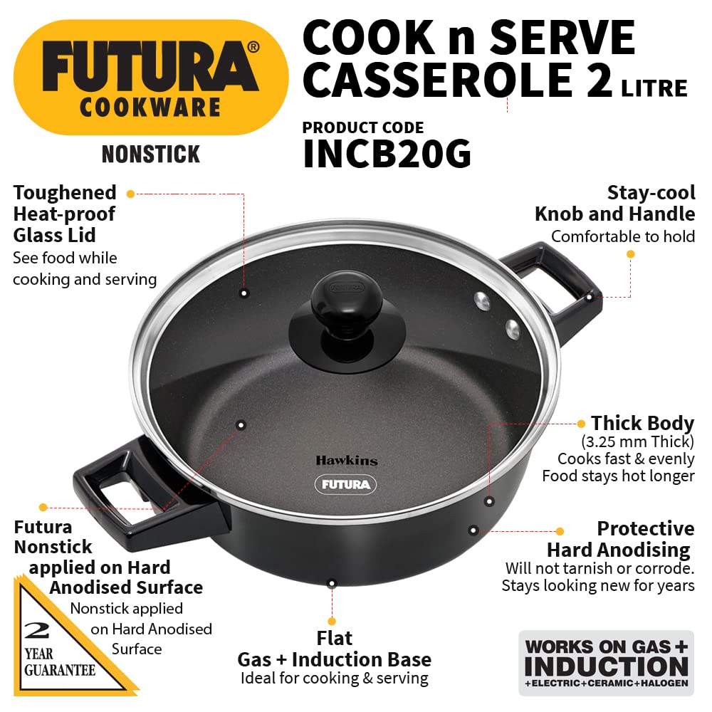 Hawkins Futura 2 Litre Cook N Serve Casserole, Non Stick Saucepan with Glass Lid, Induction Sauce Pan for Cooking and Serving, Black (Incb20G), 2 Liter