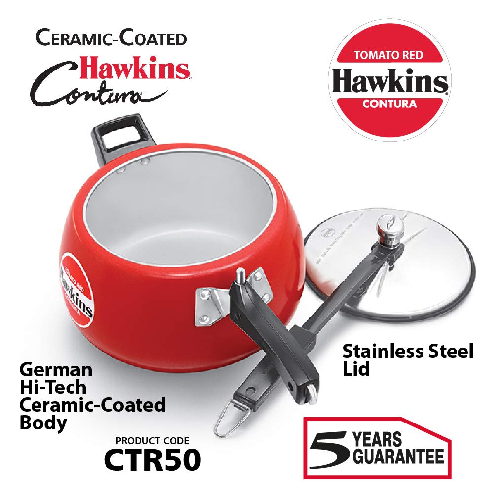 Hawkins 5 Litre Contura Pressure Cooker, Ceramic Coated Handi Inner Lid Cooker, Tomato Red (CTR50)