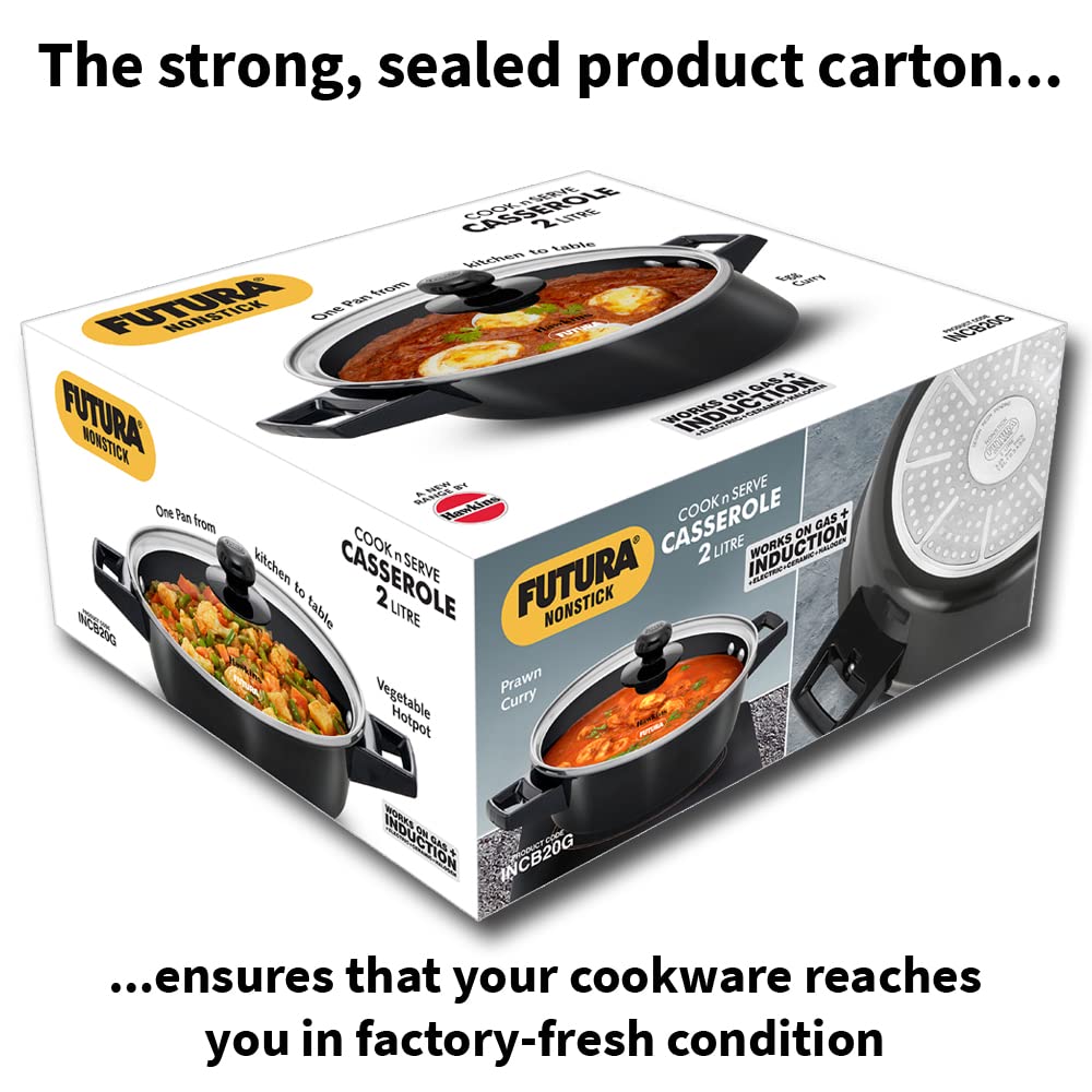 Hawkins Futura 2 Litre Cook N Serve Casserole, Non Stick Saucepan with Glass Lid, Induction Sauce Pan for Cooking and Serving, Black (Incb20G), 2 Liter