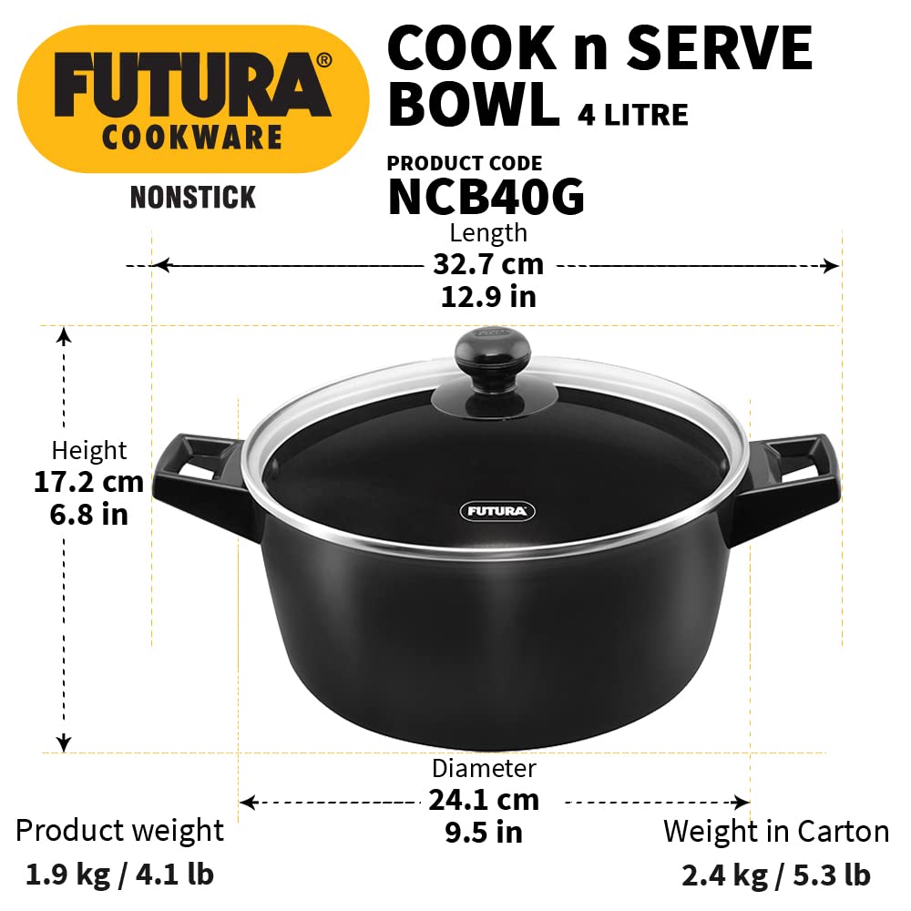 Hawkins Futura 4 Litre Cook N Serve Bowl, Non Stick Saucepan with Glass Lid, Sauce Pan for Cooking and Serving, Black (Ncb40G), 4 Liter