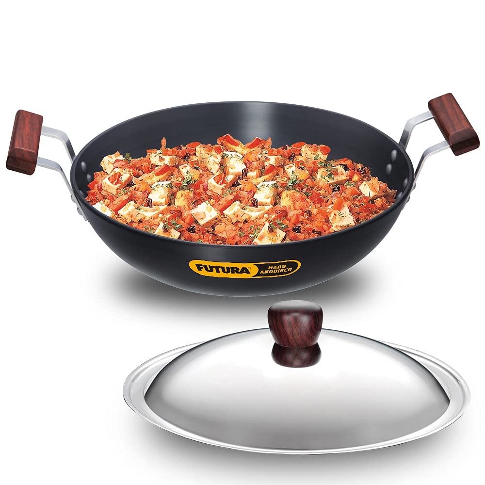 Hawkins Futura 4 Litre Deep Fry Pan, Hard Anodised Kadai with Stainless Steel Lid, Round Bottom Kadhai, Big Kadai, Black (AK40S)