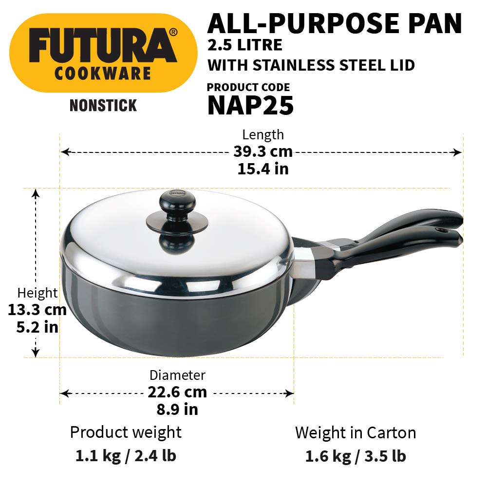 Hawkins Futura Nonstick All-Purpose Pan 2.5L, 22 cm, 3.25 mm with SS lid (Black)