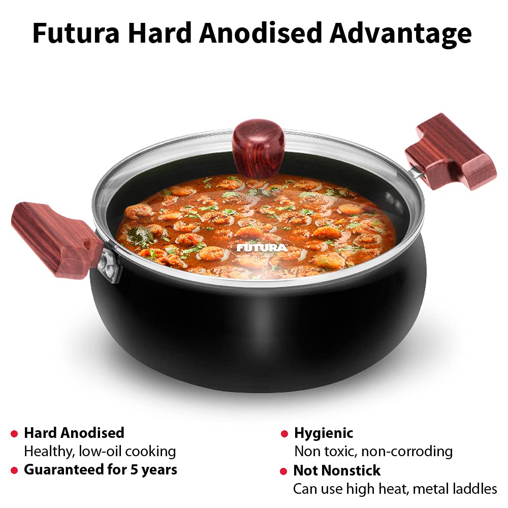 Hawkins Futura 3 Litre Cook N Serve Handi, Hard Anodised Biryani Handi with Glass Lid Non-Stick Saucepan, Sauce Pan, Black (Ach30G)