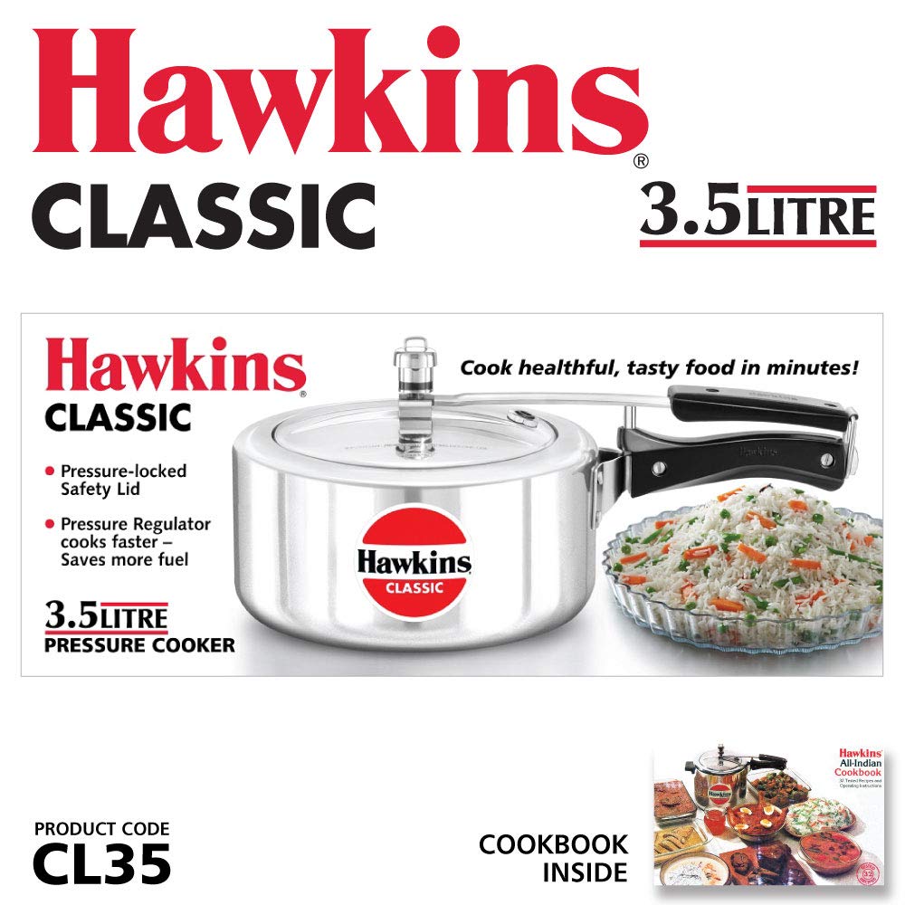 Hawkins 3.5 Litre Classic Pressure Cooker, Best Inner Lid Cooker, Silver (CL35),Aluminium