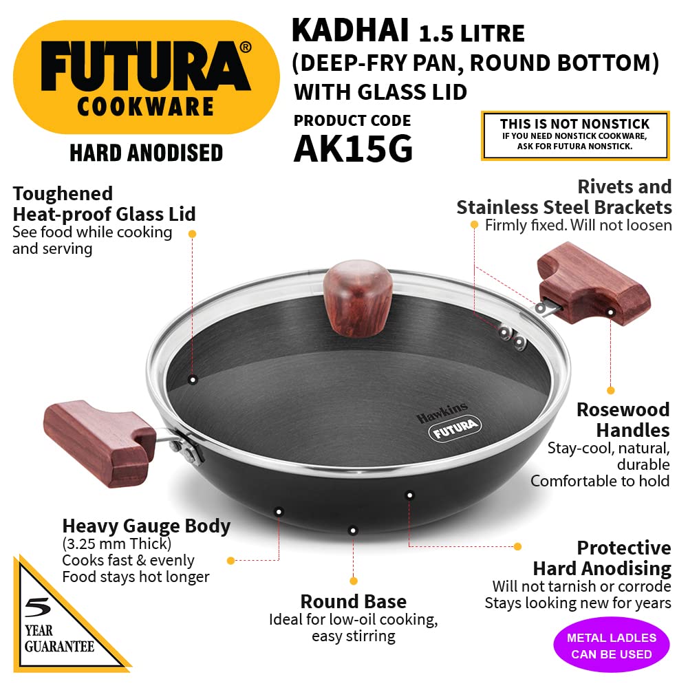 Hawkins Futura 1.5 Litre Deep Fry Pan, Hard Anodised Kadai with Glass Lid, Round Bottom Kadhai, Small Kadai, Black (AK15G)