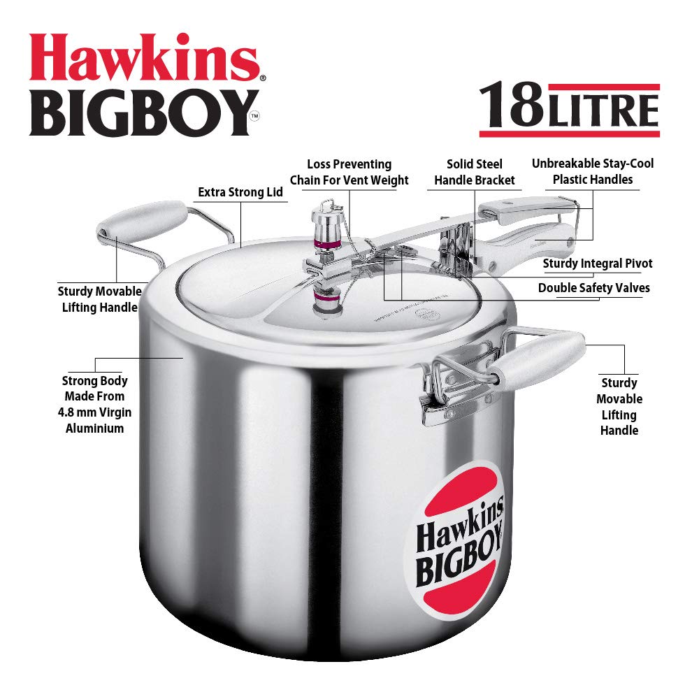 Hawkins 18 Litre Bigboy Pressure Cooker, Big Inner Lid Cooker, Silver (BB18), Aluminium