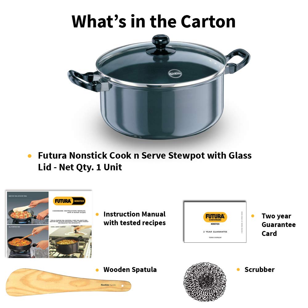 Hawkins Futura 5 Litre Cook N Serve Stewpot, Non Stick Pot with Glass Lid, Cooking Pot with Lid, Black (Nst50G), 5 Liter