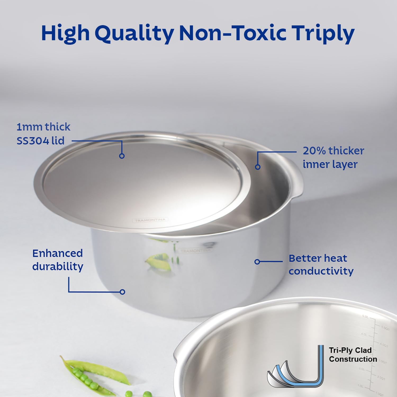 Tramontina Aeion Triply 16cm/1.6L Tope with SS 304 Lid | Healthy, Non Toxic | Extended Grip | Bhagona | Tapeli | Patila | for Boiling Milk/Water | NSF Certified | 10 Year Warranty*