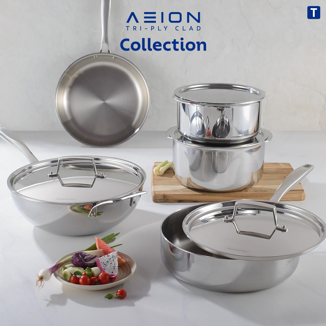 TRAMONTINA Aeion Triply Stainless Steel Deep Kadai with Lid 36cm/10.90 L Non Toxic Induction Friendly, 10 Year Warranty