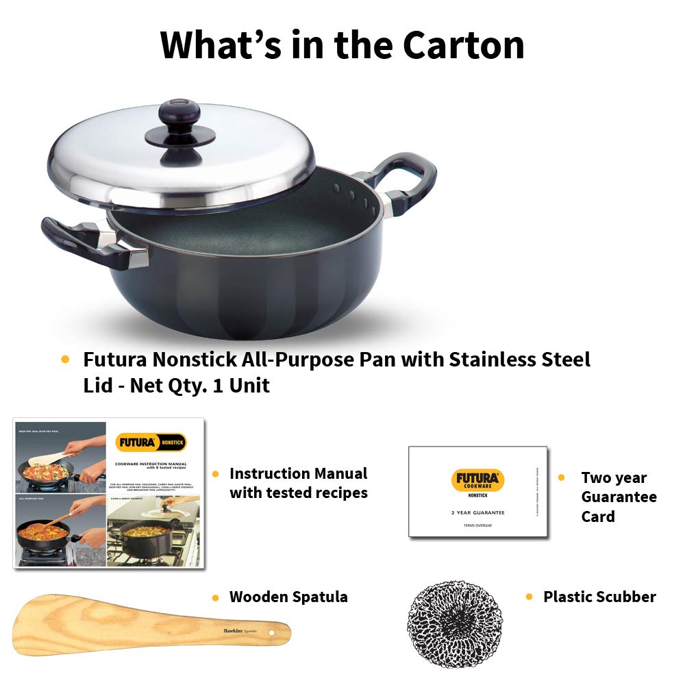 Hawkins Aluminium,Stainless Steel Futura Nonstick All-Purpose Pan 3Liter,22 Cm,3.25 Mm With Ss Lid(Black)
