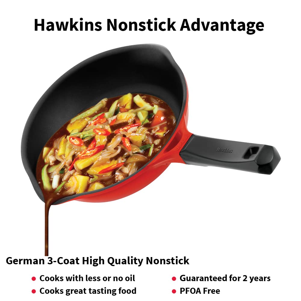 Hawkins 24 cm Frying Pan, Die Cast Non Stick Fry Pan with Glass Lid, Ceramic Coated Pan, Induction Frying Pan, Red (IDCF24G)