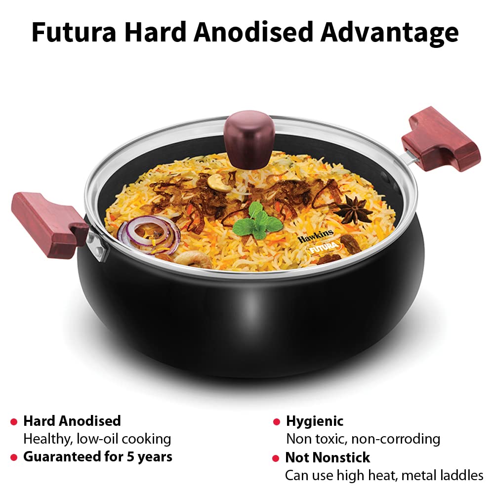 Hawkins Futura 5 Litre Cook n Serve Handi, Hard Anodised Biryani Handi with Glass Lid, Saucepan, Sauce Pan, Black (ACH50G)