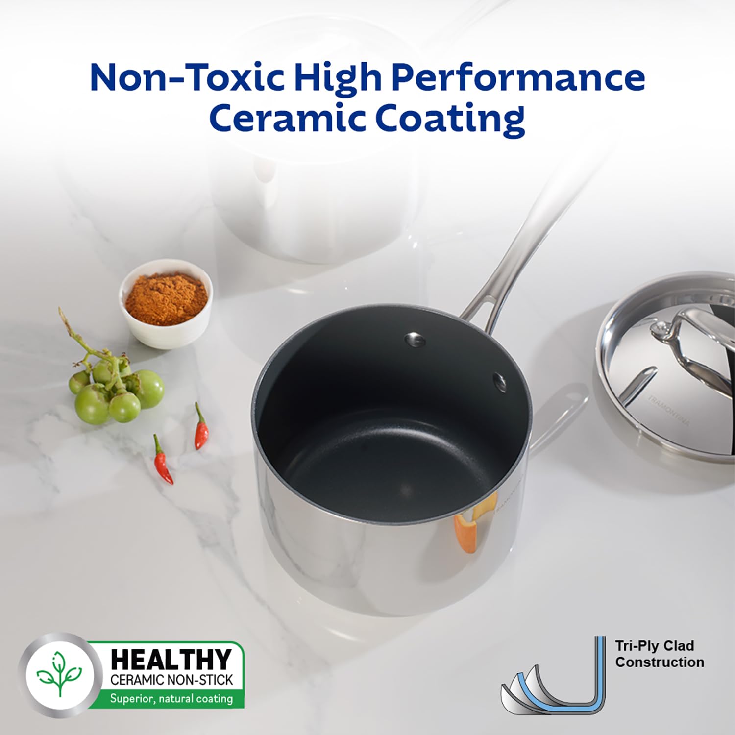 Tramontina Fusao Healthy Triply Ceramic 20cm/3.1L Casserole with SS 304 Lid | Non Toxic (PFAS/PTFE/PFOA Free) Stock Pot | Biryani Pot | Induction Friendly | Stay Cool Handle I 10 Year Warranty*