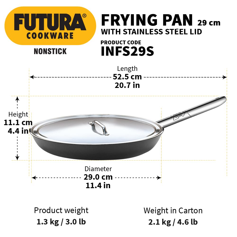 Hawkins Futura 30 cm Frying Pan, Non Stick Fry Pan with Stainless Steel Handle and Stainless Steel Lid, Induction Frying Pan, Big Frying Pan, Black (INFS30S)